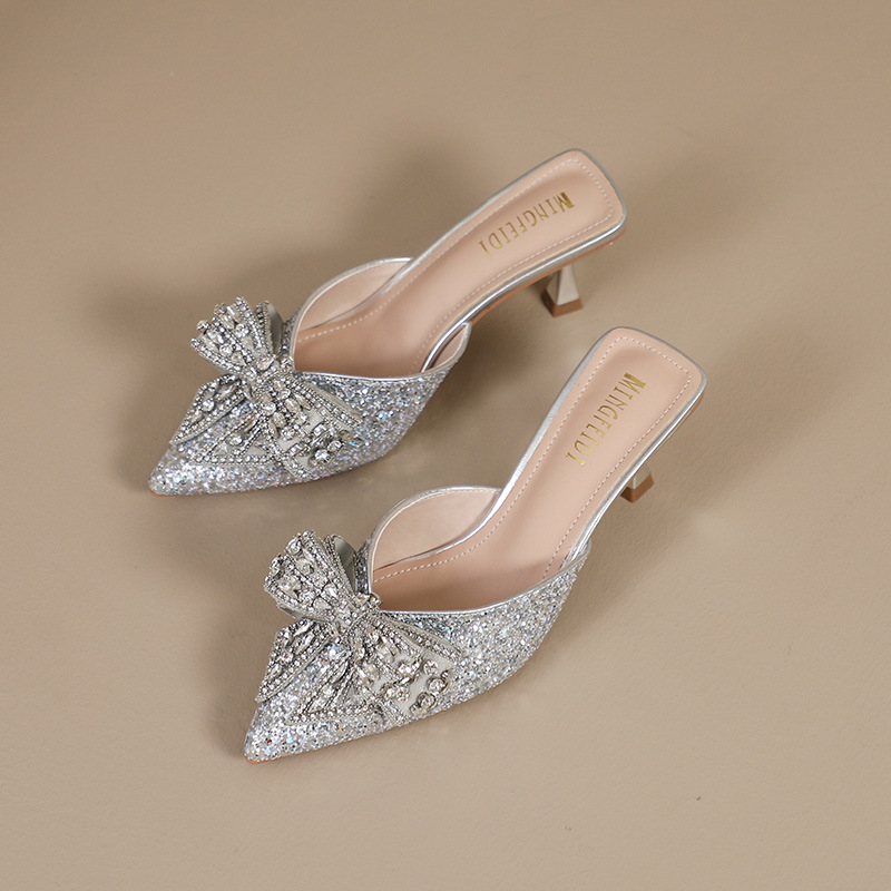 Rhinestone Bow Baotou Half Slippers Women's Summer Outer Wear 2024 New Pointed Thin Heel High Heel Elegant Sandals