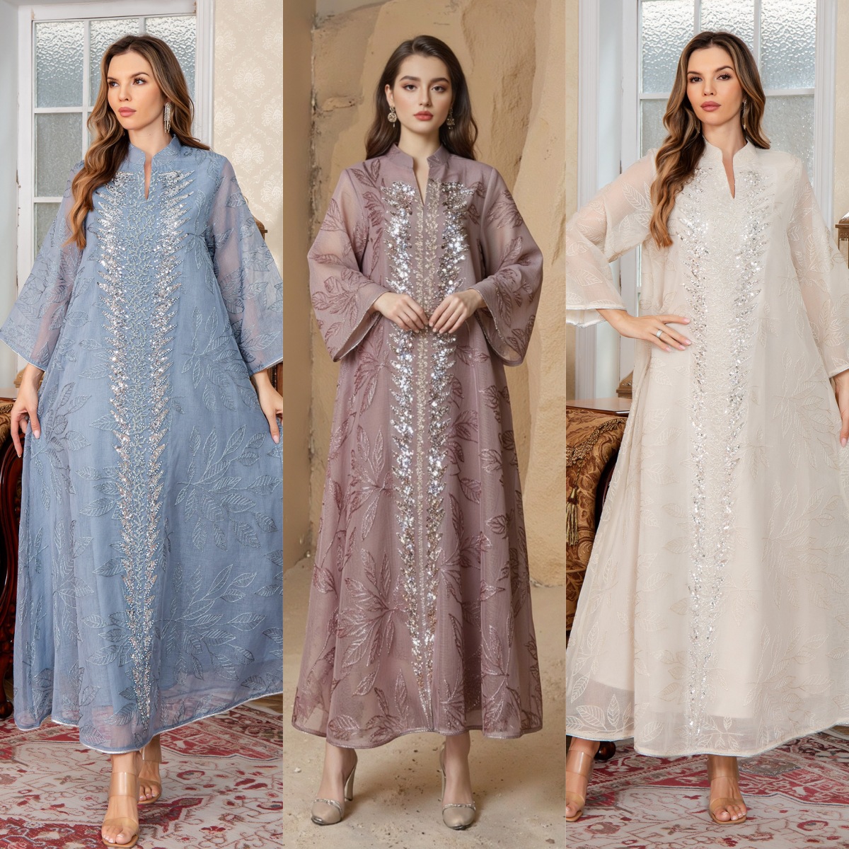 Новое мусульманское сетчатое вышитое платье восточная одежда абая Дубай длинная юбка абая с пайетками