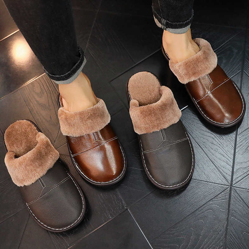 First-Layer Cowhide Furry Slippers, Home Shoes, Indoor Men and Women Couple Gifts, Special Non-Slip Home Slippers for Sales