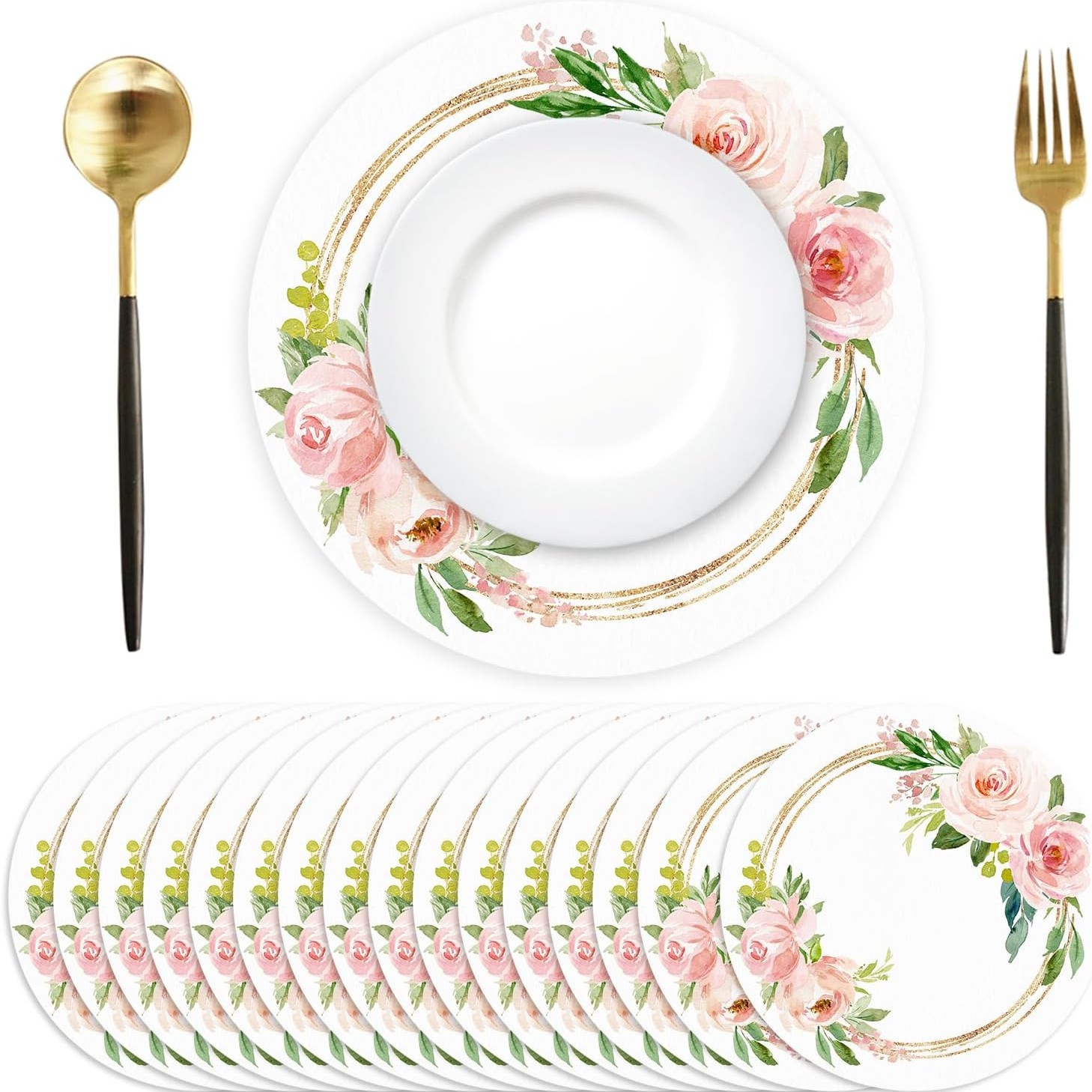 Amazon Cross Border Pink Flower Wedding Disposable Paper Placemat Rose Flower Round Placemat for Party