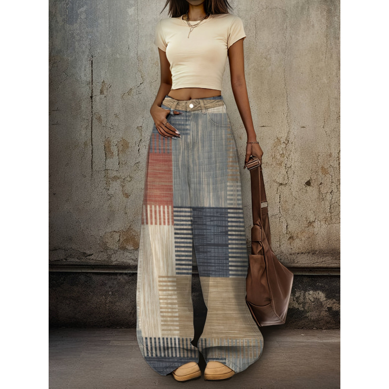 Женские джинсы с широкими штанинами D 862 ретро 3D печать - омбре