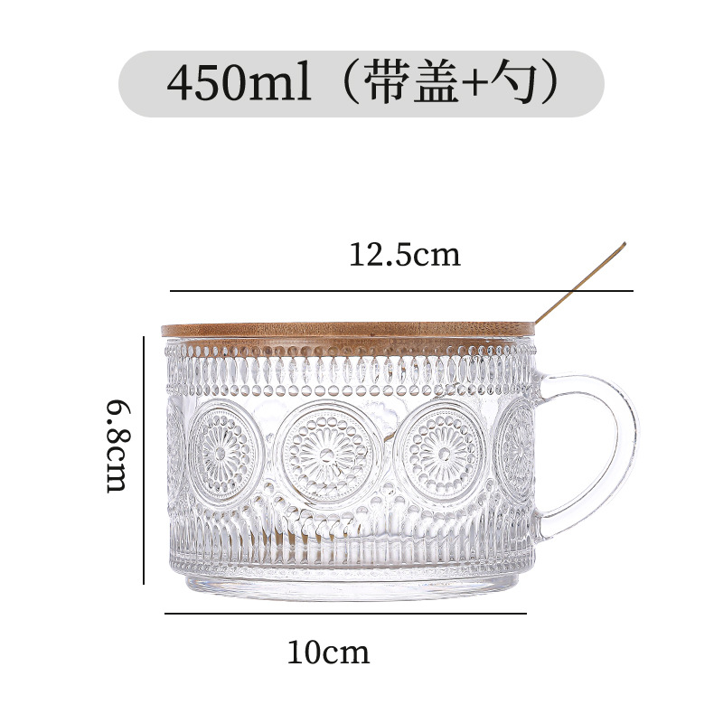 Amazon Retro Oatmeal Cup Embossed Sunflower Breakfast Cup with Lid Spoon Milk Cup with Handle Glass Coffee Cup