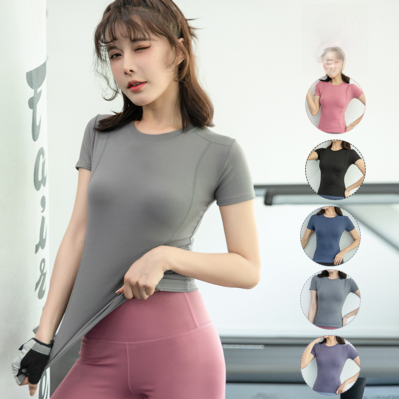 Slim fit yoga clothes women's sports fitness clothes tight running sweat-absorbent quick-drying clothes slimming tight yoga short sleeve t-shirt