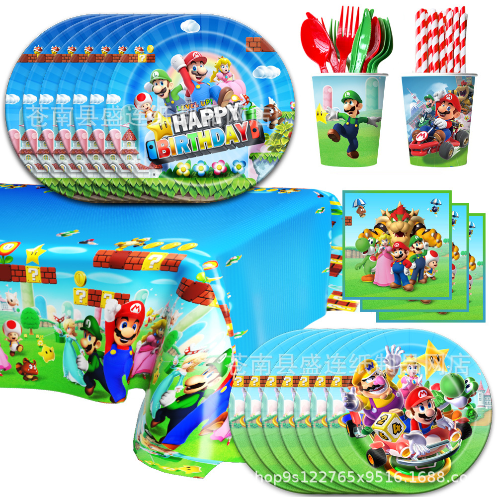Баннер на тему игры Марио для вечеринки 8 персон 4 предмета Набор бумажных подносов, салфеток, чашек, скатерти