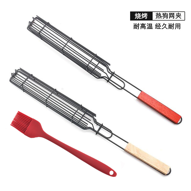 Сетчатая решетка для барбекю с деревянной ручкой, зажим для сосисок, зажим для кукурузы, сетка для барбекю на открытом воздухе