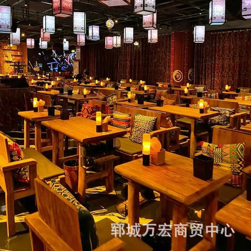 Folk Tavern Tables and Chairs, Old Bed and Breakfast Bar Solid Wood Table and Chair Combination, Cafe Old Elm Booth Sofa Chair