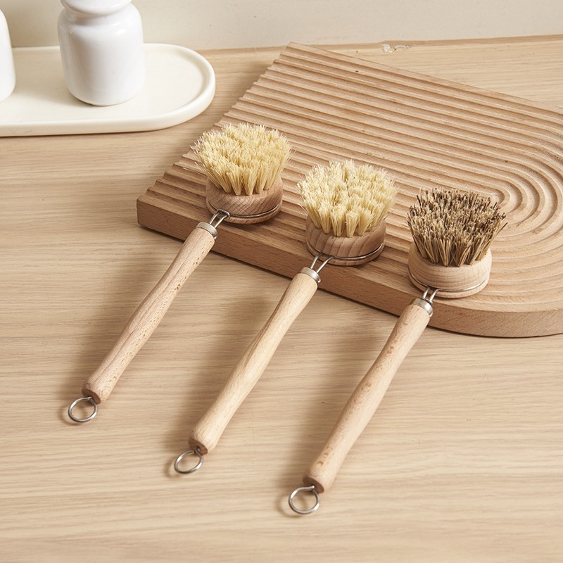 Hot-Selling Non-Stick Pan Kitchen Cleaning Brush with Long Beech Wood Handle, Replaceable Sisal Head Dish Brush, Sisal Material