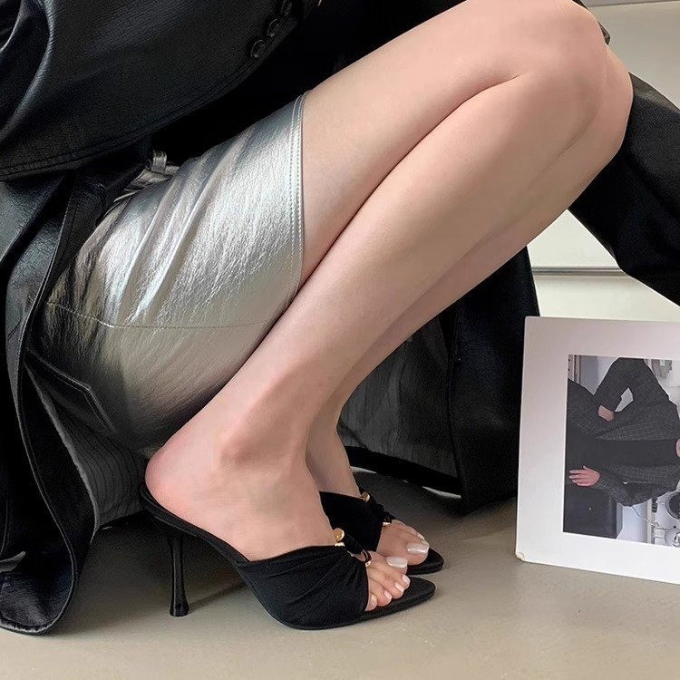 High Heels for Women 2025 Summer New Style Pleated Metal Buckle Elegant Pointed Toe Open Toe Sandals Sexy Stiletto Slippers
