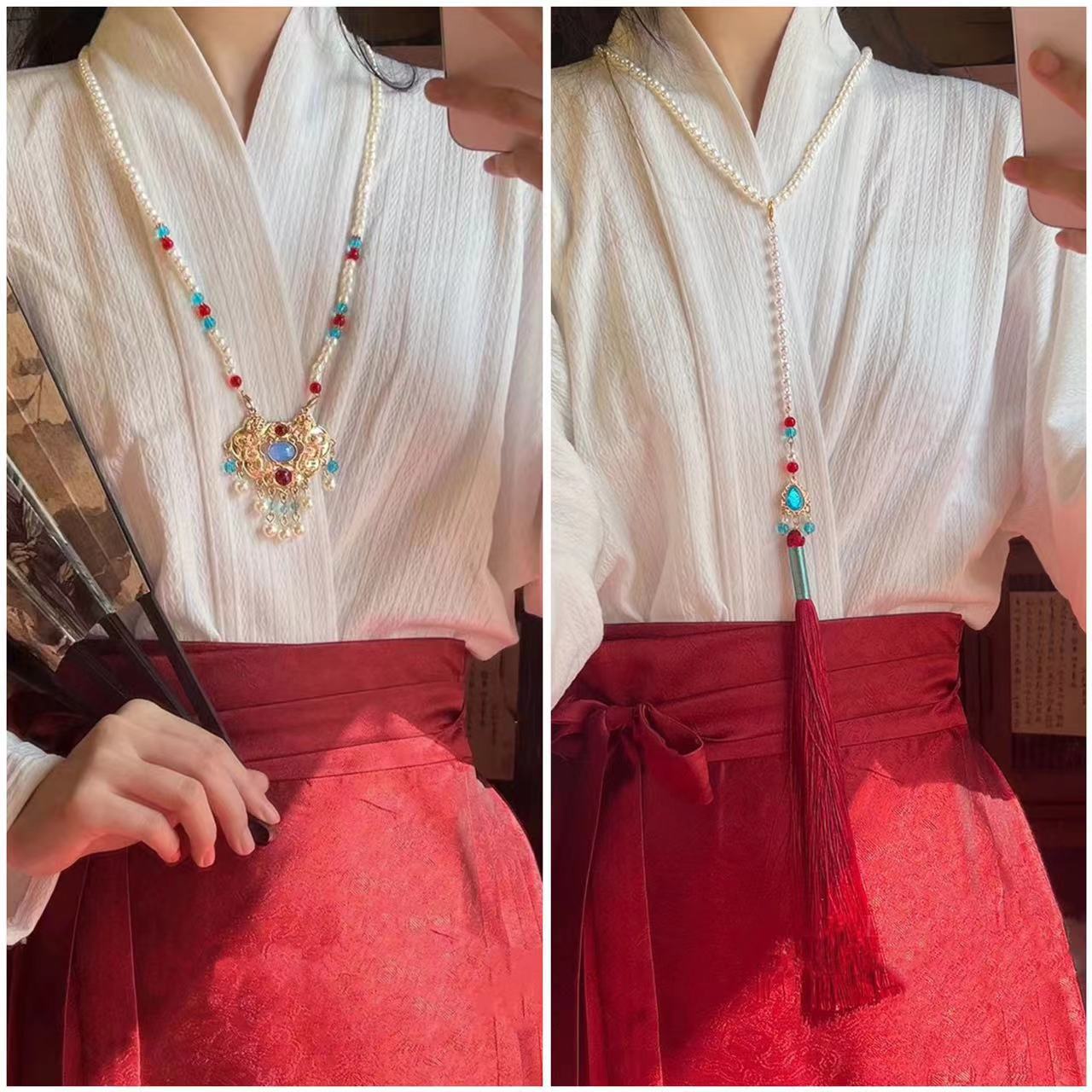 New Chinese Style Pink Butterfly Wreaths Antique Tassel Necklace Vintage Pearl Pendant Horse Face Skirt Hanfu Accessories