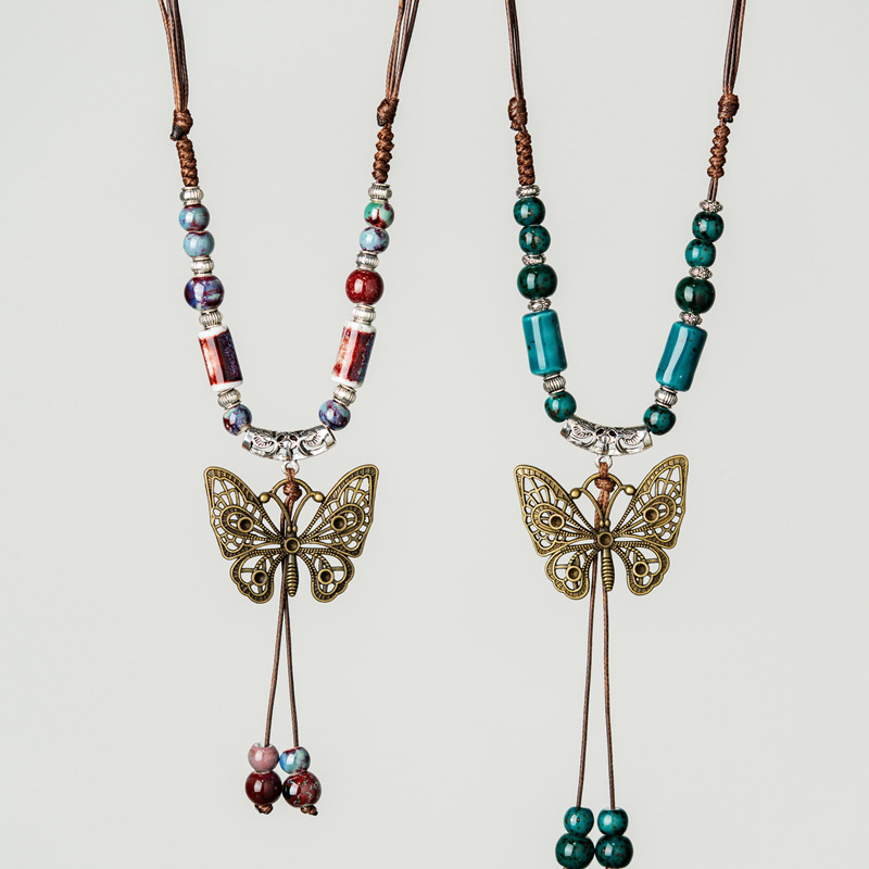 Церемония Цзиндэчжэнь Керамическое ожерелье Бабочка Шершащее цепочка Длинное ожерелье Одежная подвеска Длинное универсальное этническое ожерелье для женщин