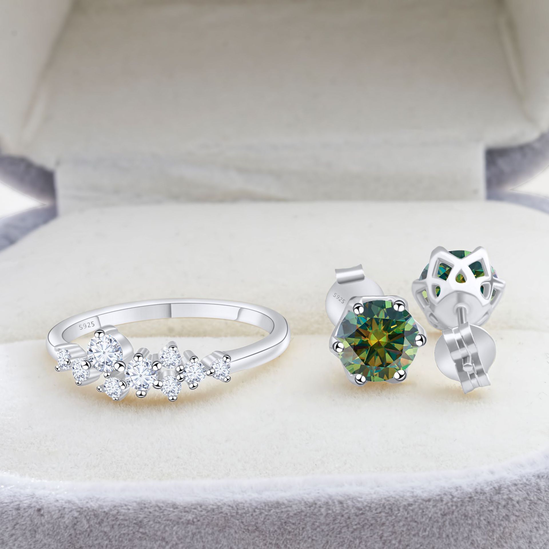 Cross-Border Exclusive S925 Silver Moissanite Set Earrings + Ring with Certificate Sparkling Fire Diamond Cross-Border Hot Sale