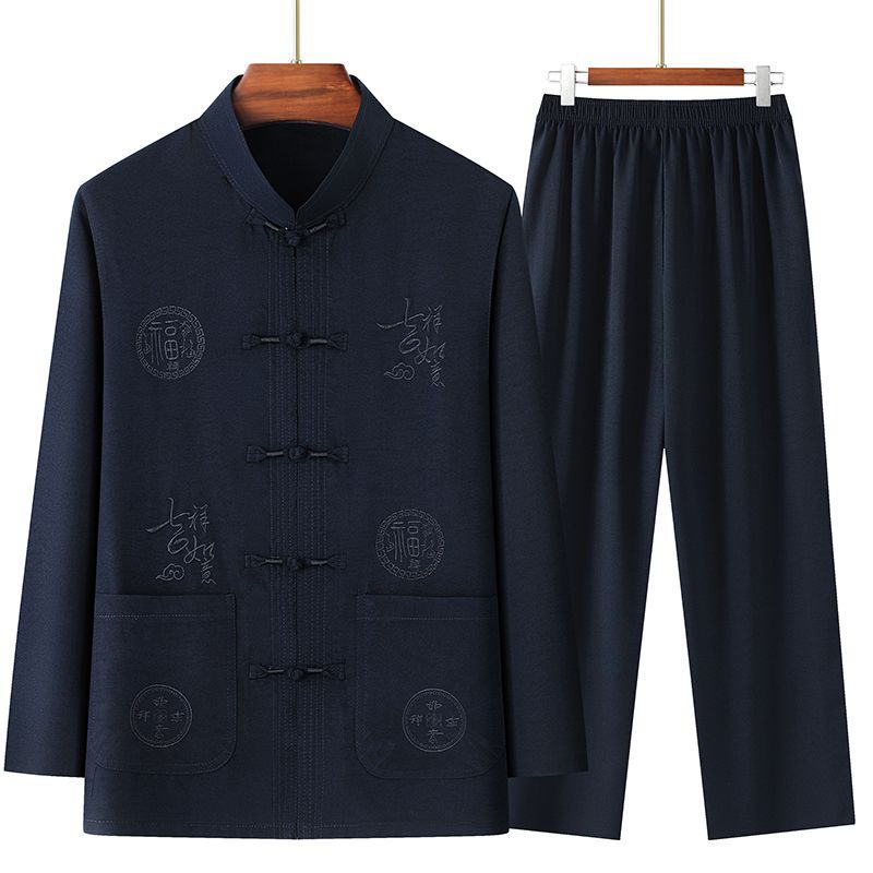 Tang Suit Men's Chinese Style Grandpa Long-Sleeved Embroidered Suit Middle-Aged and Elderly Dad Summer Clothing Han Dynasty Chinese Style Clothes for the Elderly