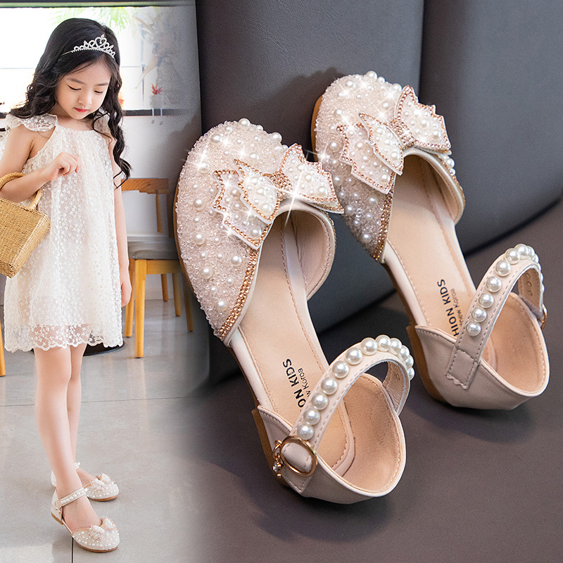 Girls Princess Shoes 2024 New Baby Style Sandals Children's Summer Bow Pearl Shoes Little Girls Single Shoes