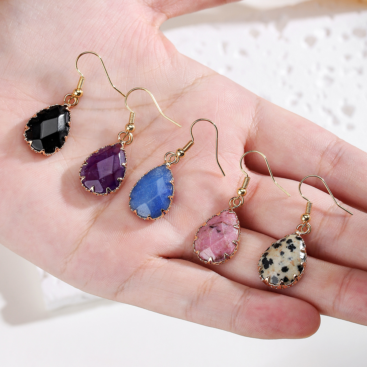 Zhuhang Jewelry Cross-Border Popular Natural Crystal Earrings Bezel Cut Water Drop Amethyst Earrings Jewelry Wholesale