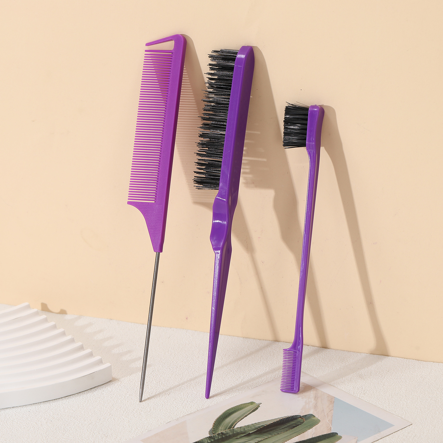 Cross-border hairdressing tool suit three-row hair comb eyebrow brush edge control brush steel needle mouse tail comb pointed tail long tail comb