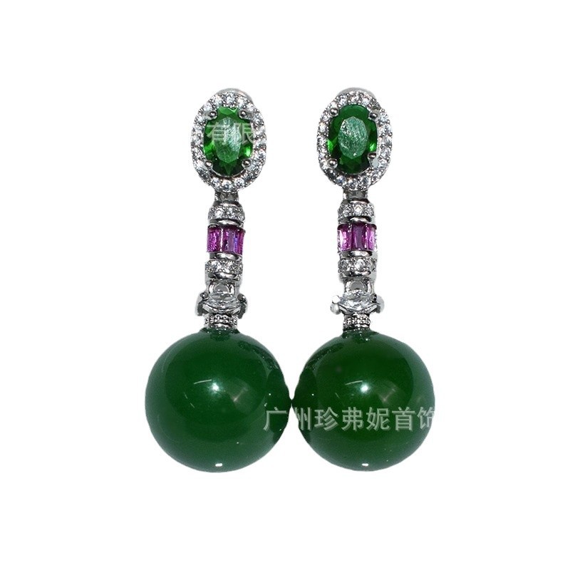 Autumn and winter high quality natural green chalcedony earrings inlaid with light luxury high-end earrings fashion accessories women live wholesale