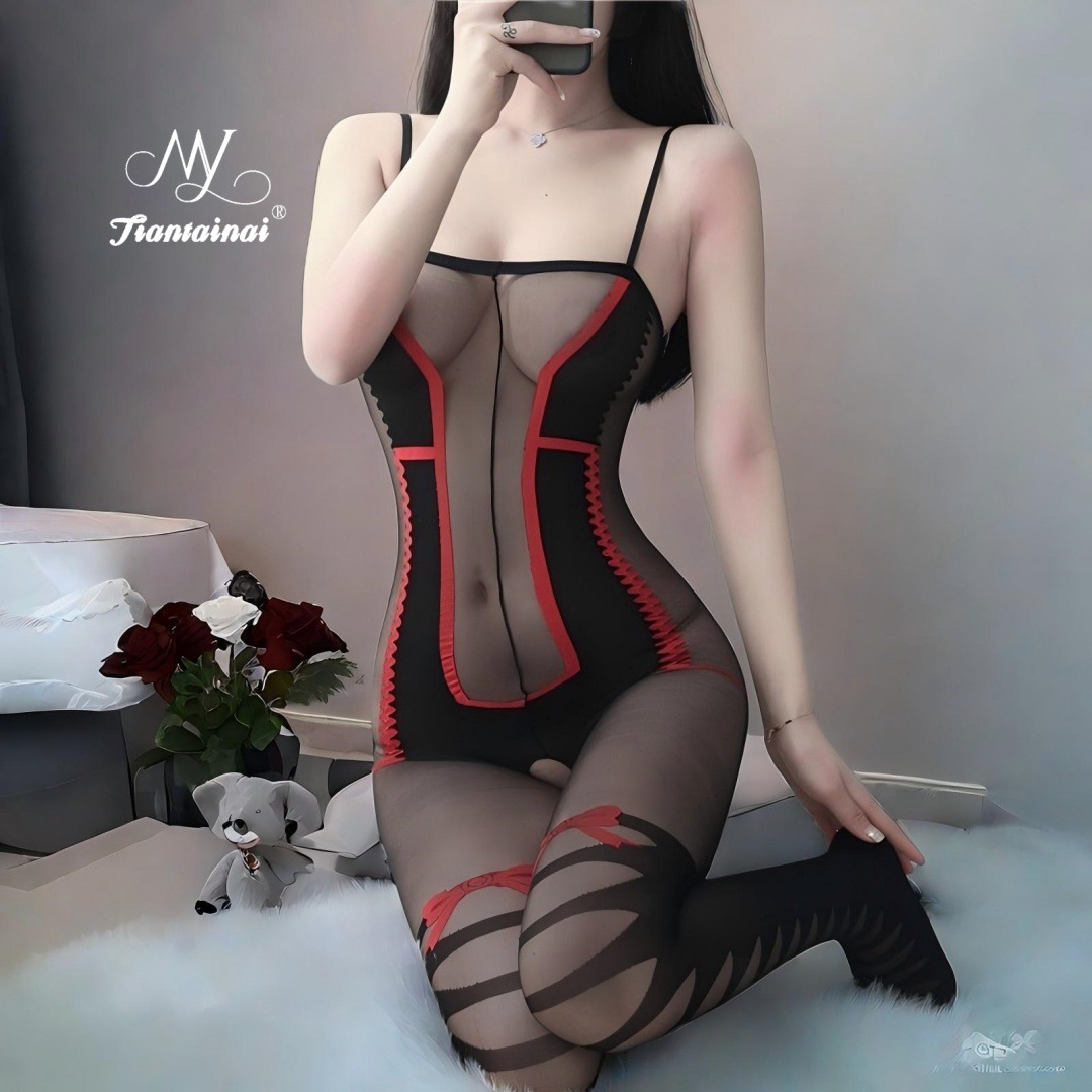 Sexy lingerie stockings jumpsuit hand-tearing temptation transparent flirtatious sex suit passion perspective uniform sexy women