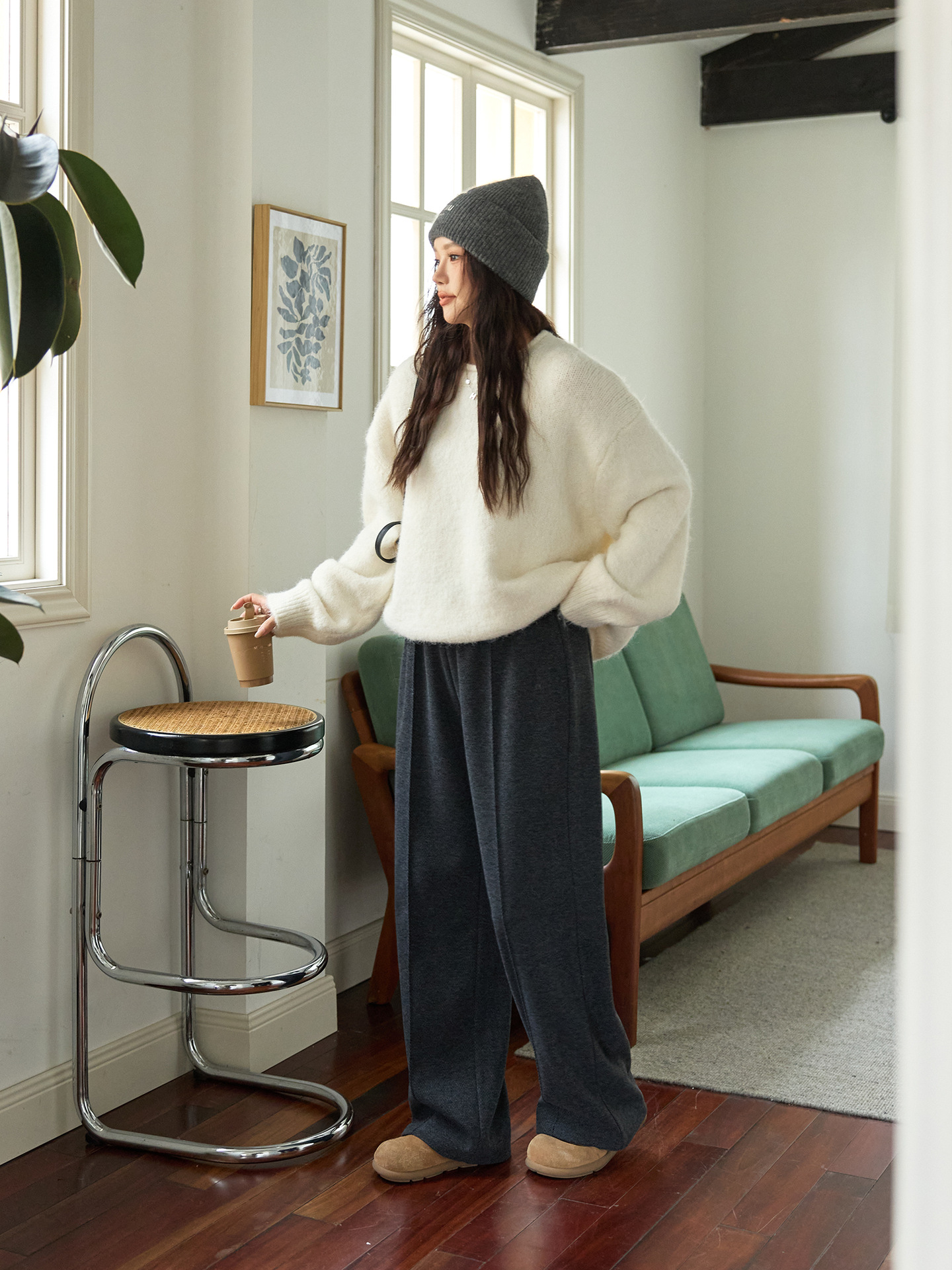 Plus Size Women's Herringbone Wide-Leg Pants, Thick, Soft and Waxy, Simple Drawstring Straight Pants, High-Waisted Korean Casual Pants