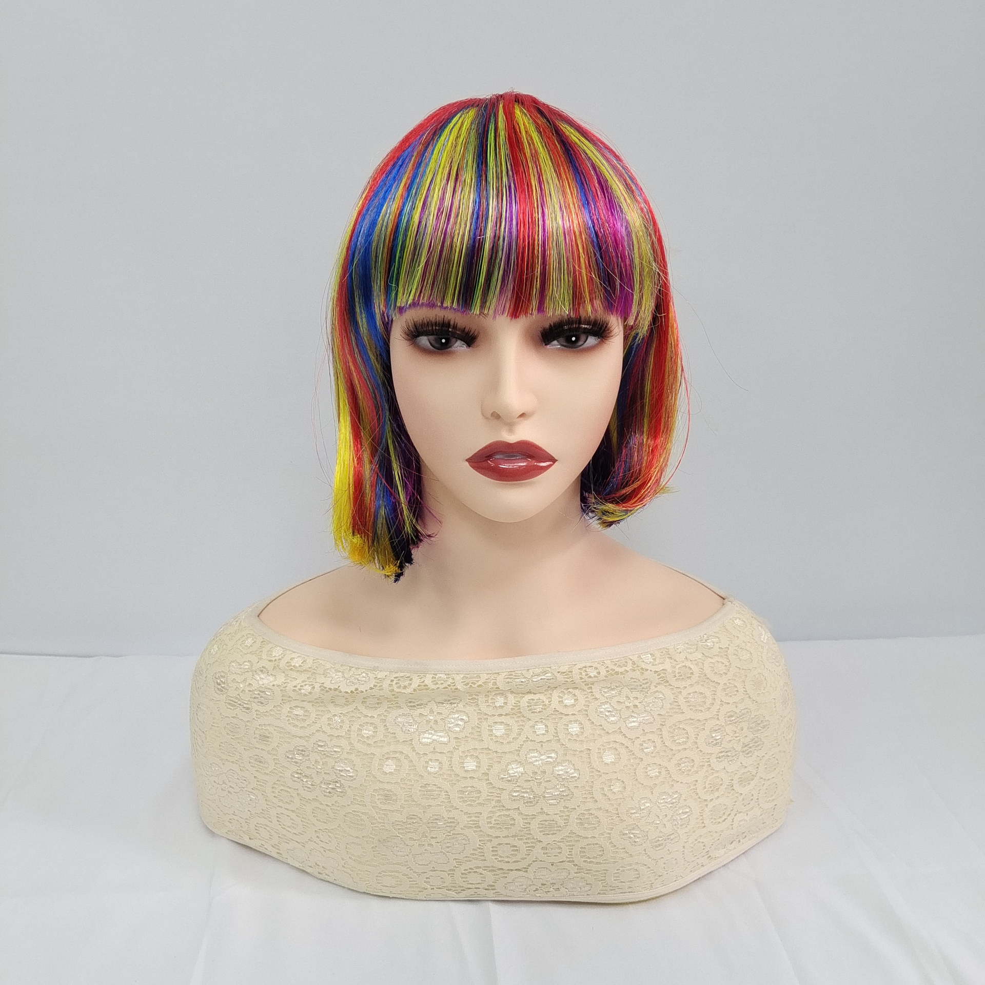 Manufacturer Wholesale Foreign Trade European and American Fashion Women's Colorful Rainbow Short Straight Hair Middle-Part Bob Wig Headgear