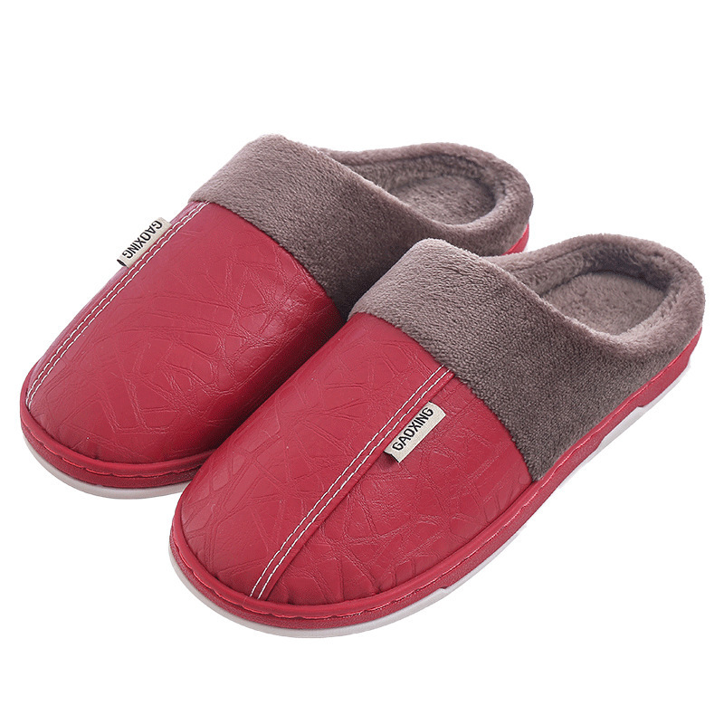 Pu Lint Cotton Slippers Men's Home Waterproof Thick-Soled Warm Indoor Couple Winter Home Wool Slippers Customization