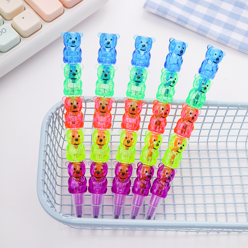 Cartoon Bear 5-Section Building Blocks 5-Color Crayon Pen Plastic Bullet Office Creative Removable Crayon Five-Color Pen