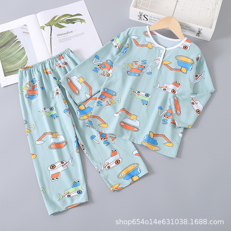 Children's Pajamas Summer Thin Cotton Silk Suit Long-sleeved Children's Boys' Air-conditioning Clothes Baby's Cotton Silk Girls' Home Clothes