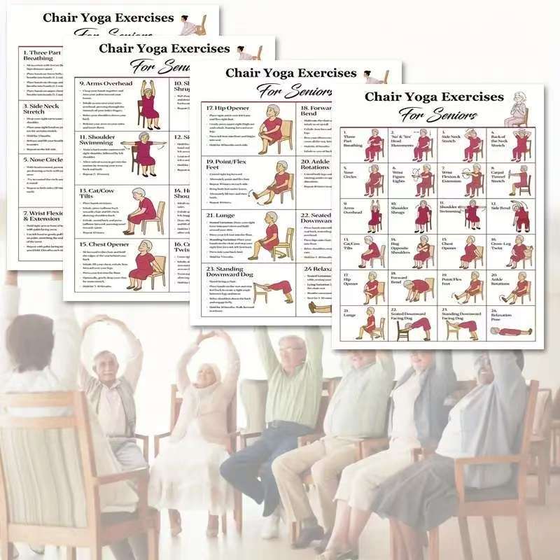 Cross-Border 4-Piece Chair Exercise Home Fitness Check-In Record 2025 New Action Yoga Poster for the Elderly