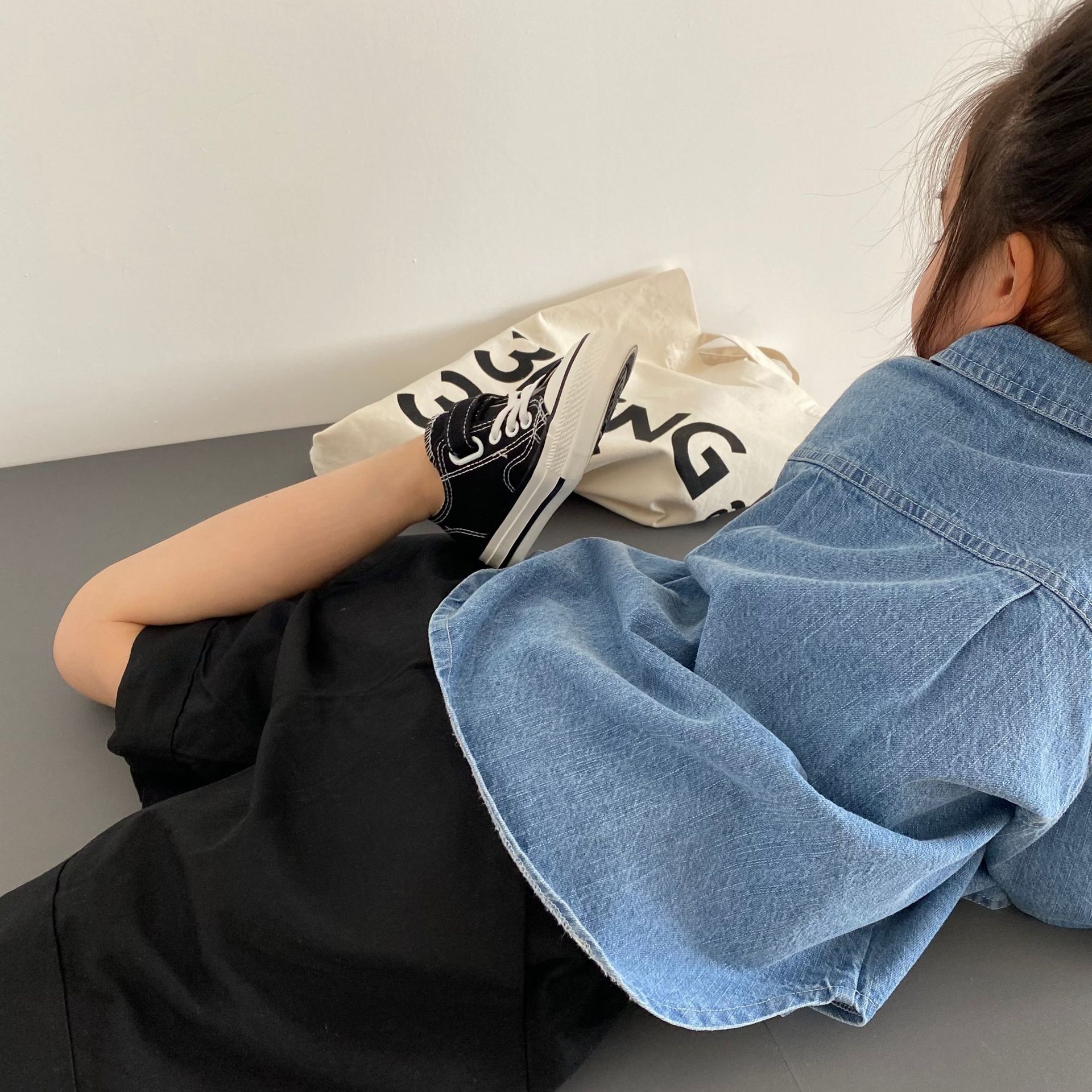 Gl-Kids K-Style of Autum New Kidsren's Small Flap Pocket Pants Thin Denim Shirt, Men's and Women's Easy-To-Wear Denim Top