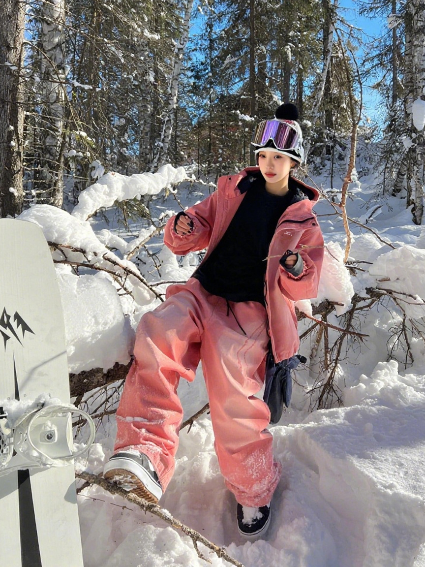 Fuyan Orange-Red Gradient Ski Suit Women's 2025 Autumn and Winter New Outdoor Windproof Snow Pants Two-Piece Set