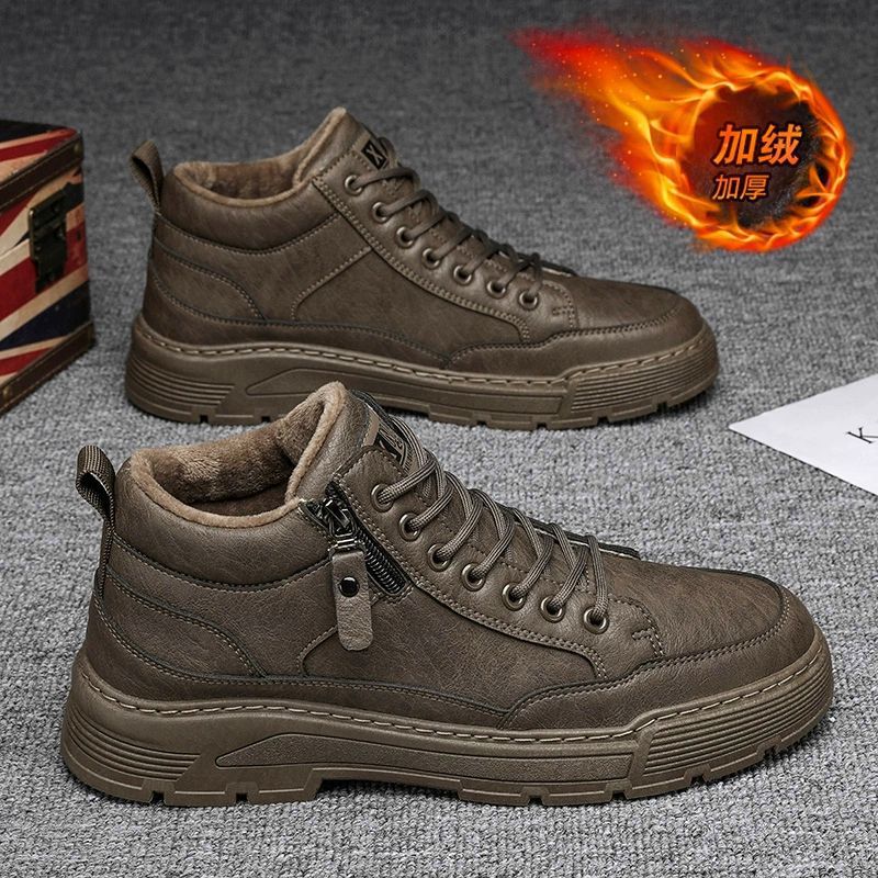 Men's Winter British Style Retro Work High-Top Martin Boots with Fleece Lining, Thickened for Warmth, Outdoor Non-Slip Northeast Cotton Shoes