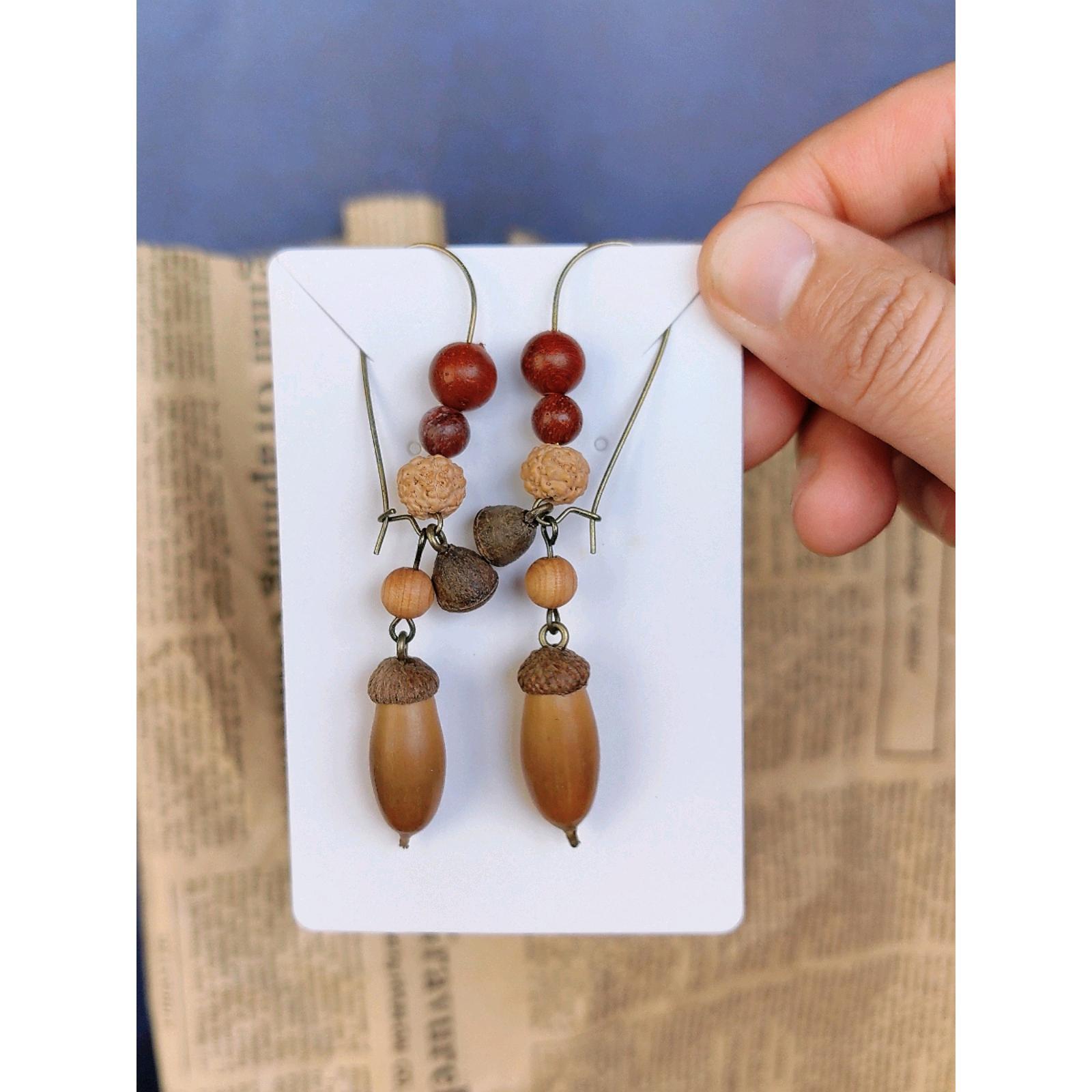 in stock Plant Birthday Gift U-shaped Hook Mori Style Temperament Wooden Beads Hand-made Earrings Cute Vintage Traditional Chinese Medicine Jewelry