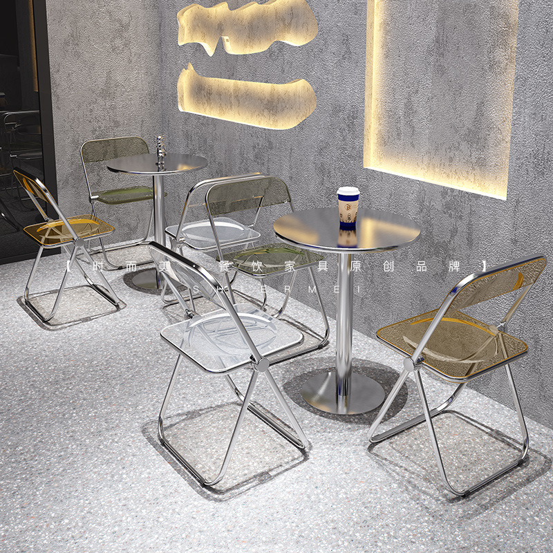 Industrial style coffee shop milk tea shop stainless steel table and chair combination net red dessert snack shop transparent folding chair commercial