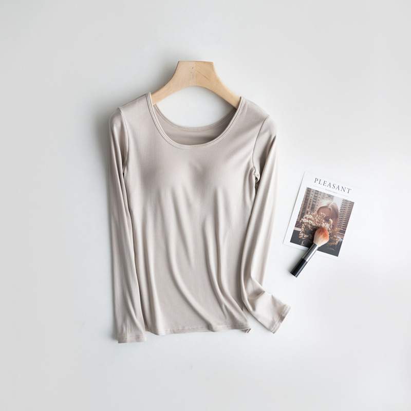 Wear-free bra with chest pad integrated thread long-sleeved T-shirt women's autumn and winter outer wear round neck bottoming inner wear factory wholesale