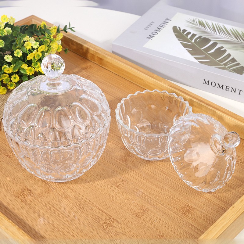 Wedding Candy Cup with Lid, Transparent Creative Embossed Glass Storage Box, Aromatherapy Candle Holder, Transparent Sugar Jar
