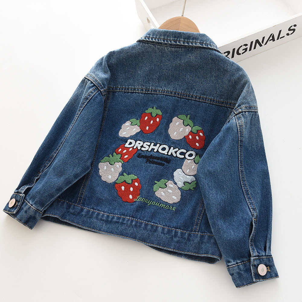 Джинсовая куртка для девочек с вышивкой клубники на спине, джинсовая куртка с воротником, новый стиль осени 2022 0716-08