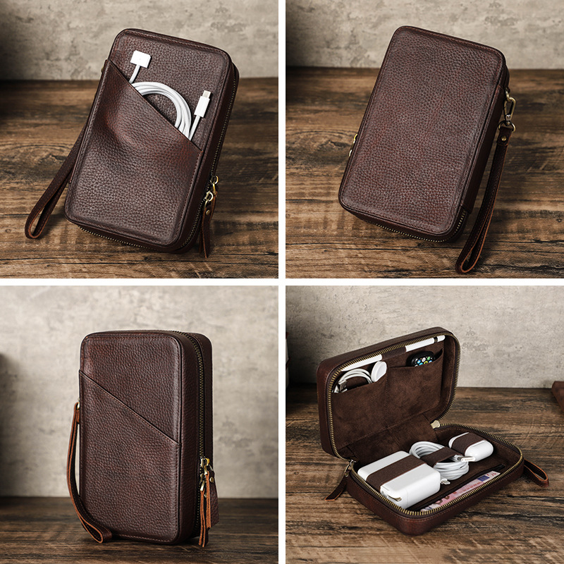 Suitable for Apple Data Cable Capacitive Pen Leather Storage Box Handmade Mobile Phone Accessories Zipper Storage Bag in stock