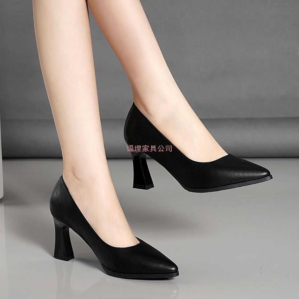 Counter Top Layer Soft Leather Soft Sole Thick Heel High Heel Flats Women's Shallow Mouth Professional Work Shoes Formal Work Shoes Square Toe