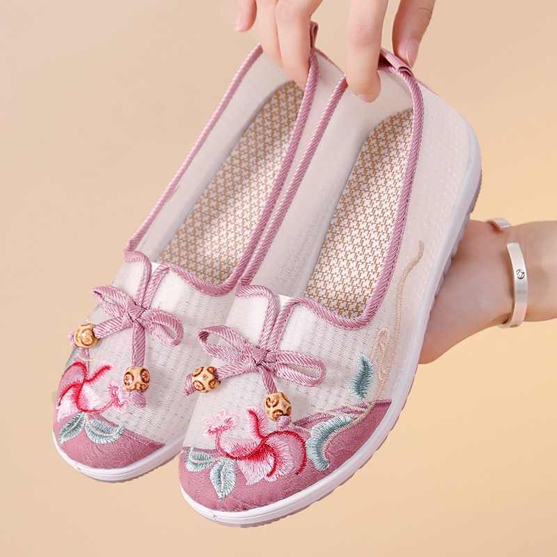 Old Beijing Cloth Shoes for Women, Summer Mesh Breathable Hanfu Embroidered Shoes, Soft-Soled Shallow Mouth Women's Shoes with Hollow Design