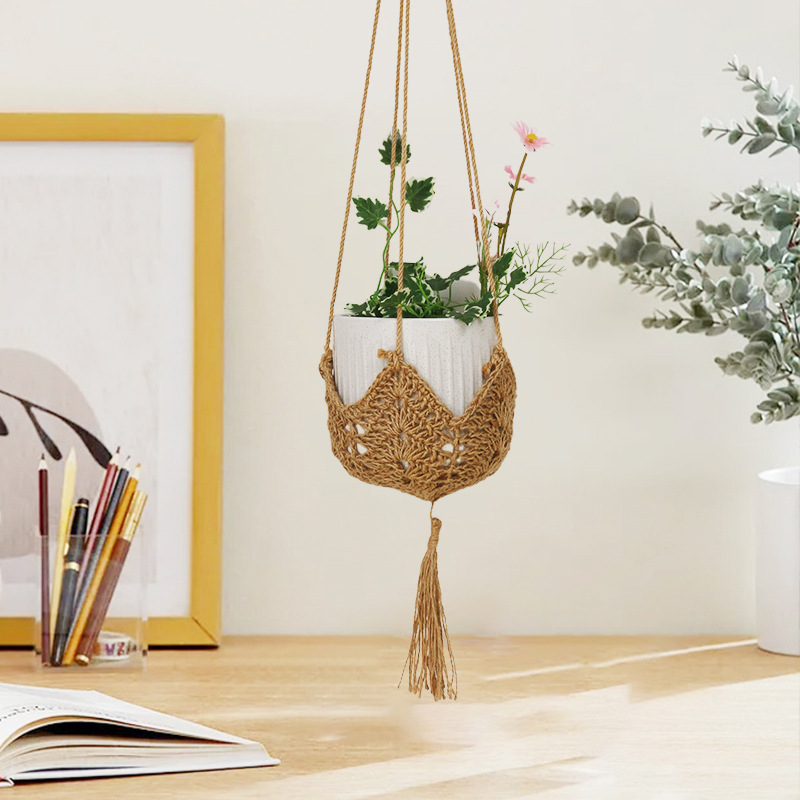 New Hand-Woven Hemp Rope Flower Pot Net Pocket Creative Woven Flower Pot Hanging Basket Indoor and Outdoor Hanging Decorative Flower Pot Pocket