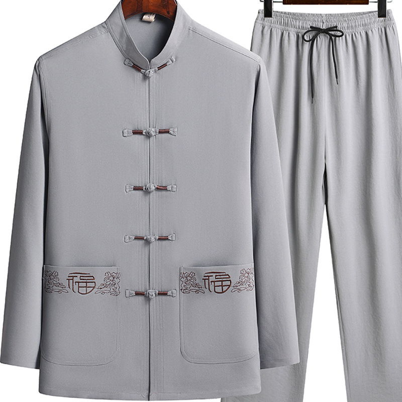 Middle-Aged and Elderly Long-Sleeved Tang Suit 2024 Summer Chinese Style Shirt Dad Suit Button Embroider Han Dynasty Retro