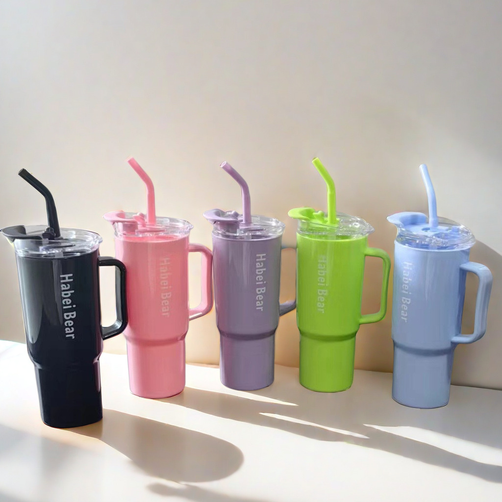 Cross-Border Plastic Three-Piece Set 40oz Car Cup Large Capacity Ice Cup Portable Handle Coffee Cup with Straw