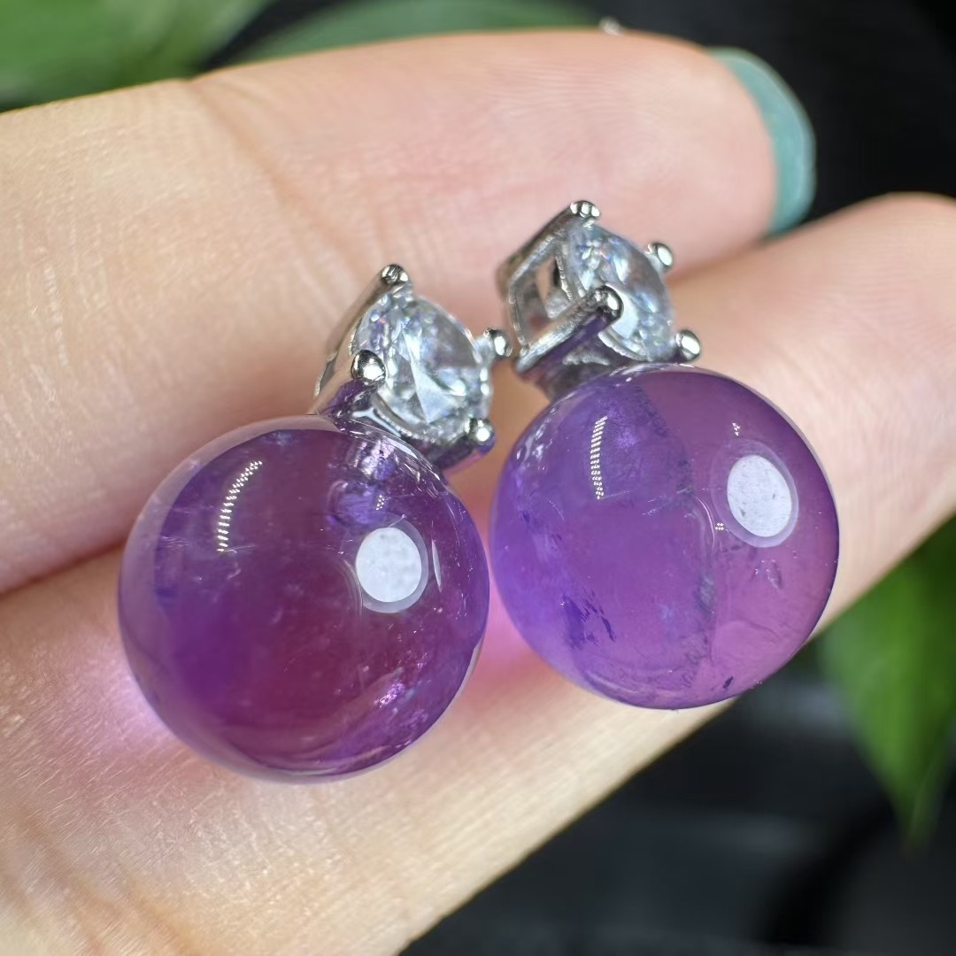 Natural Amethyst Earrings, Round Bead Style Simple Earrings, S925 Silver Setting, Cross-Border Wholesale Available