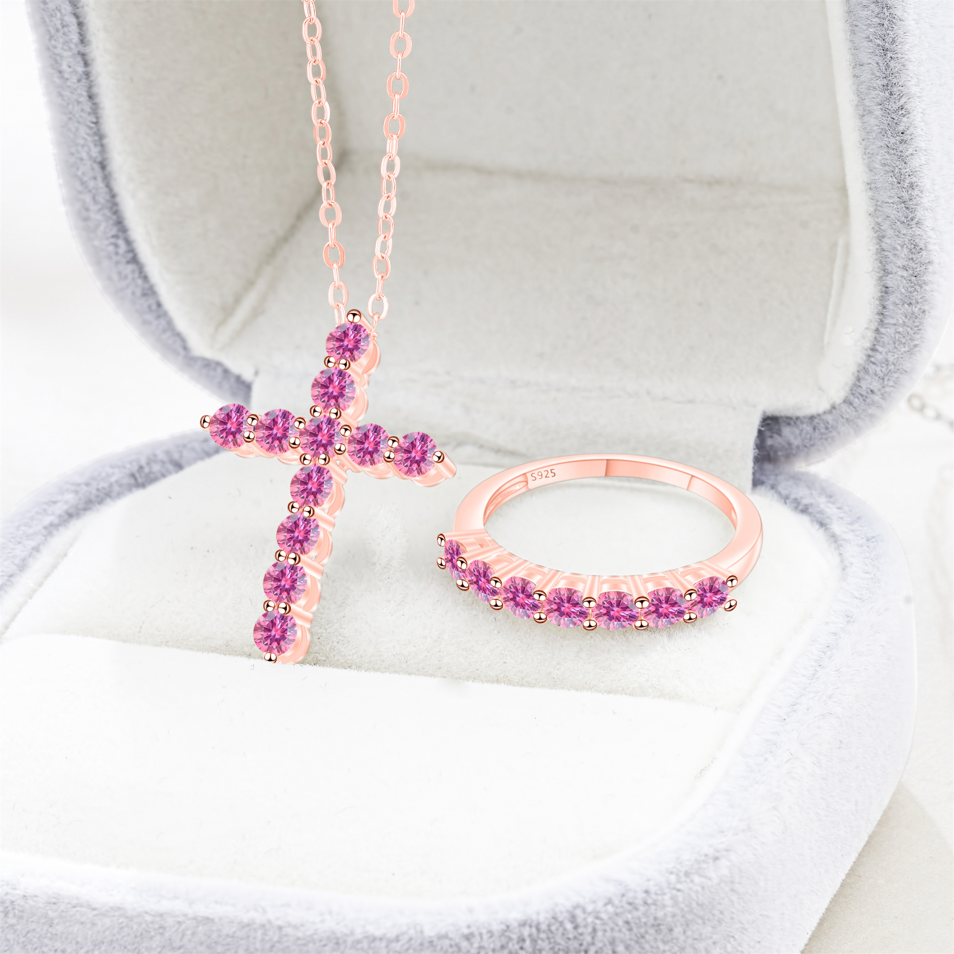 Cross-Border Exclusive S925 Silver Moissanite Necklace + Ring with Certificate, Sparkling Fire-Colored Diamond, Cross-Border Hot Sale