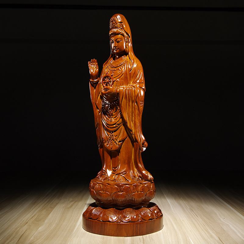 Huali Wood Carving Guanyin Bodhisattva Buddha Statues Decoration Falun Nanhai Guanyin Home Living Room Decorative Crafts
