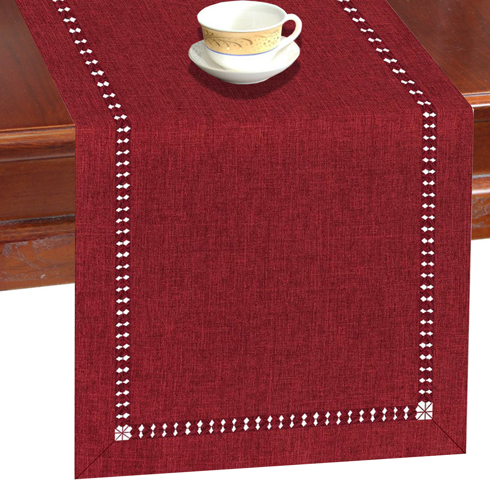 Cross-border eight-character drawn silk hollow-out flat-angle table runner imitation linen polyester silk table runner coffee table table cover solid color table cloth