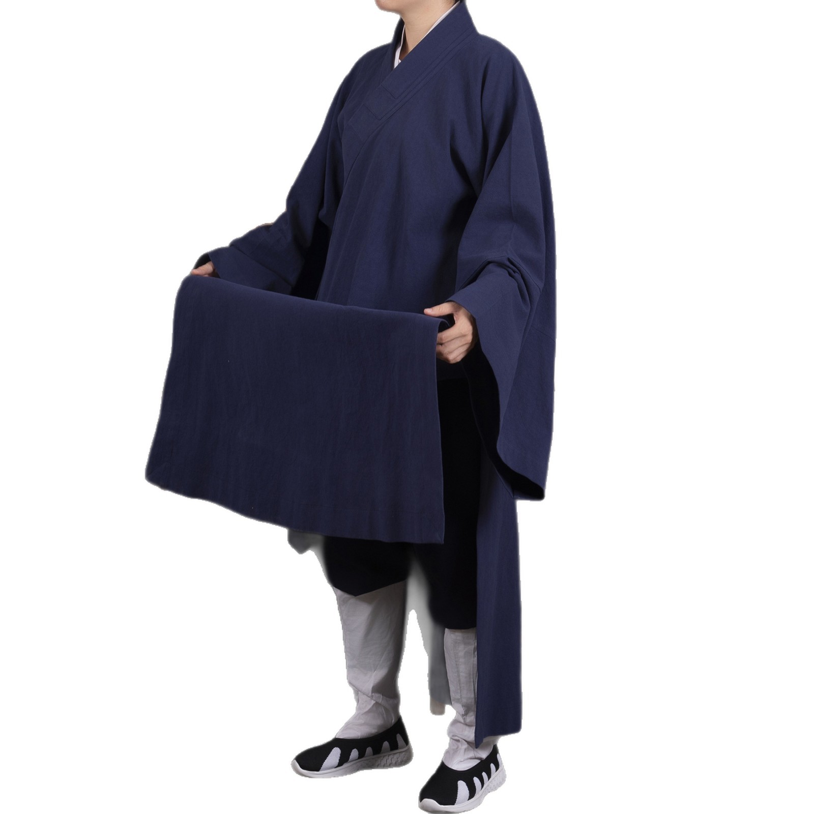 Spring and Autumn Style Ramie Taoist Wide-Sleeved Black-Collar Robe Traditional Three-Clear Collar Bell-Sleeved Robe with Slanted Lapel