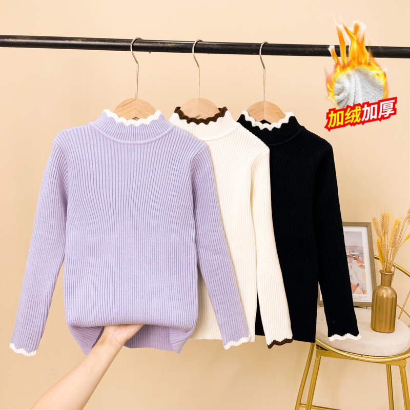 Girls' Bottoming Sweater for Autumn and Winter One-piece Velvet 2023 New Style Korean-style Middle Collar Girls' Fleece-lined Knitted Interior