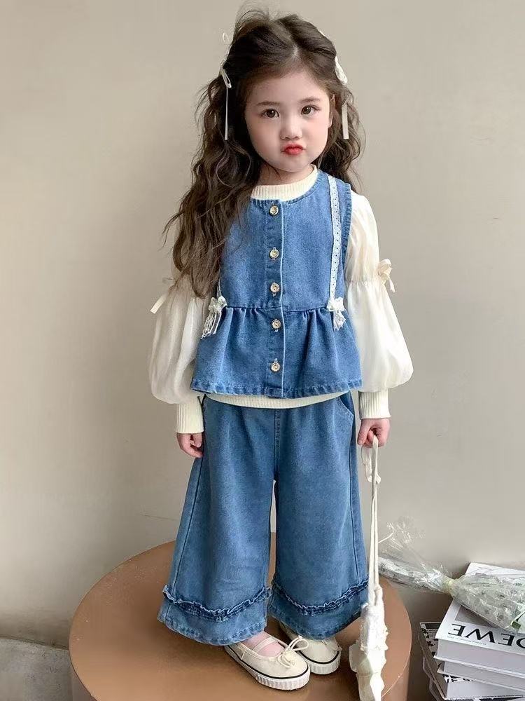 Children's Soft Denim Vest and Pants Two-Piece Set Skirt for Girls, Versatile Super Soft Jeans Wholesale Fashion