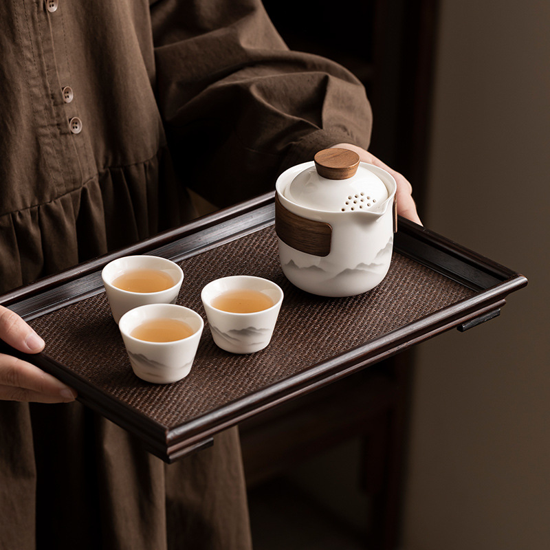suede jade porcelain kung fu travel tea set tea cup suit light luxury convenient high-end outdoor advertising business activity gift