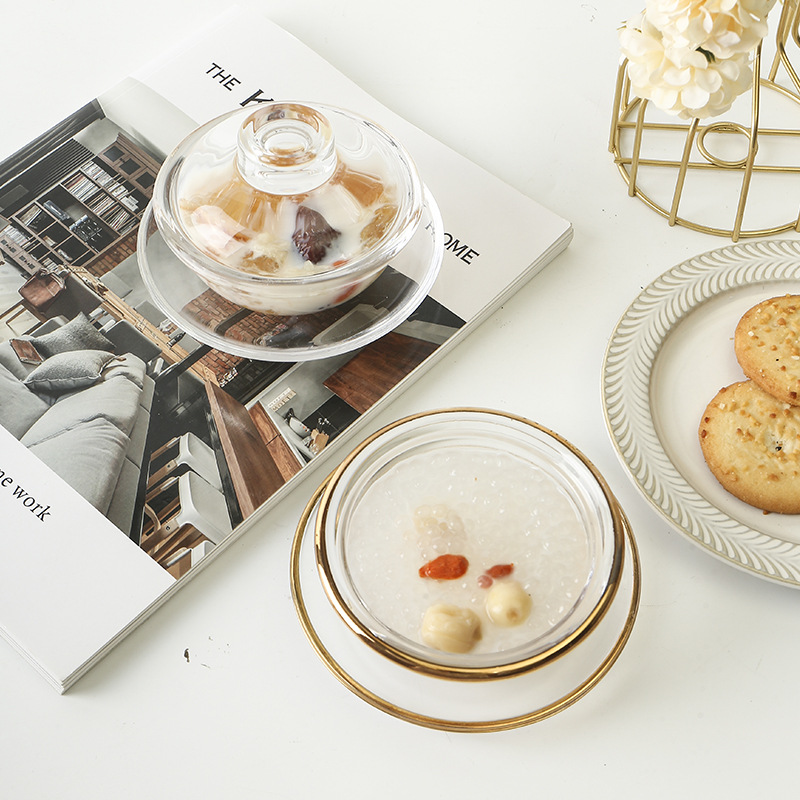 Japanese-style household creative three-piece glass bowl with lid transparent bird's nest bowl with golden edge glass bird's nest suit